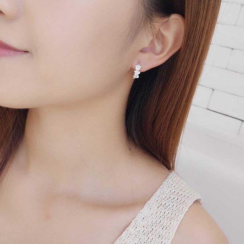 Dainty Camellia Flower Huggie Earring in 925 Sterling Silver: Silver