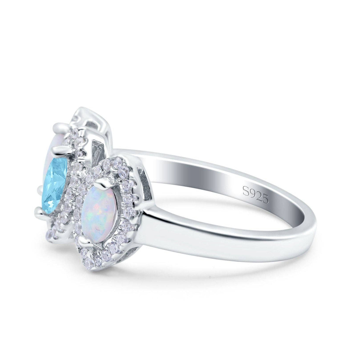Halo Marquise Three Stone Simulated Aquamarine CZ Wedding Bridal Ring: Simulated Aquamarine CZ /size P