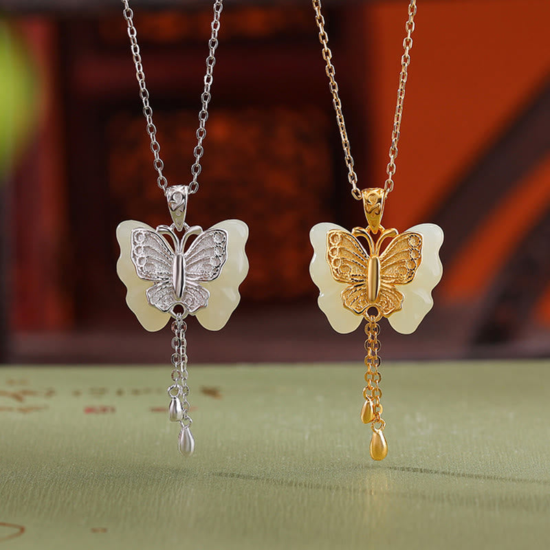 Fortune Jewel 925 Sterling Silver Plated Gold Hetian White Jade Butterfly Blessing Necklace Pendant