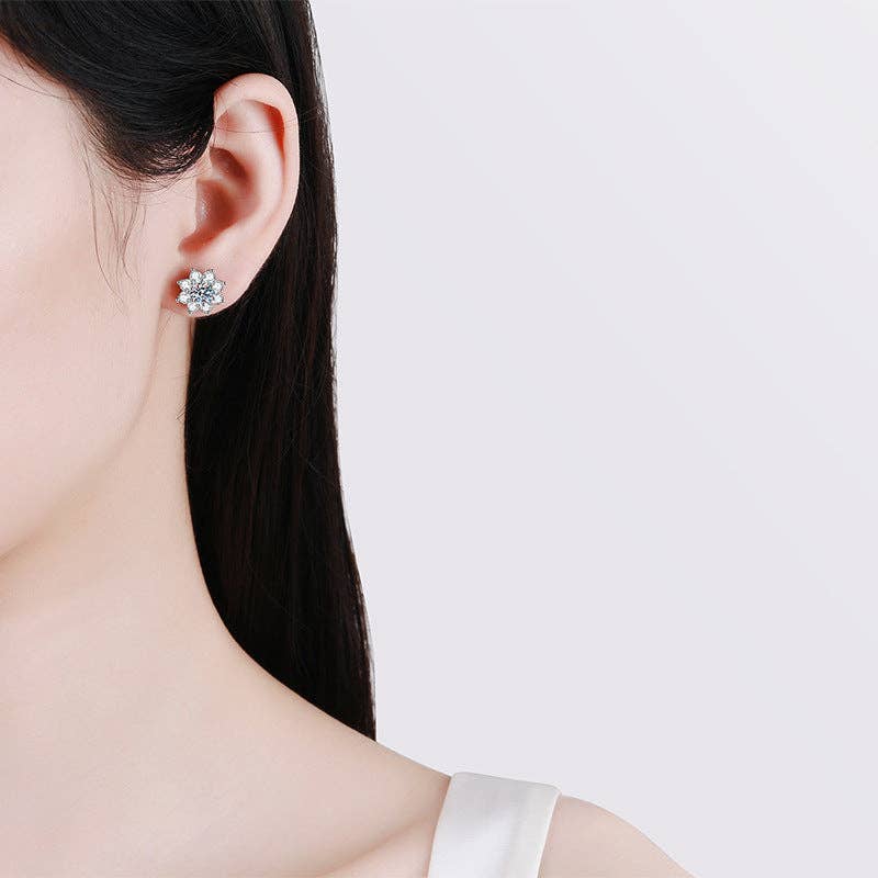 Moissanite Sunflower Stud Earrings in 925 Sterling Silver: 0.6 ct