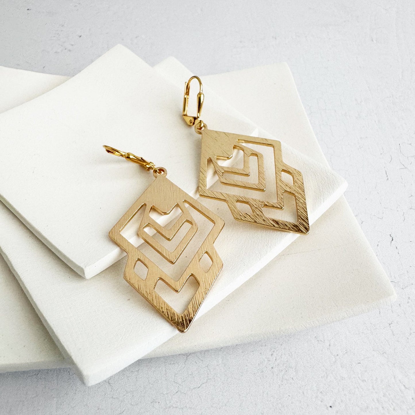 Abstract Geometric Dangle Earrings in Brushed Gold