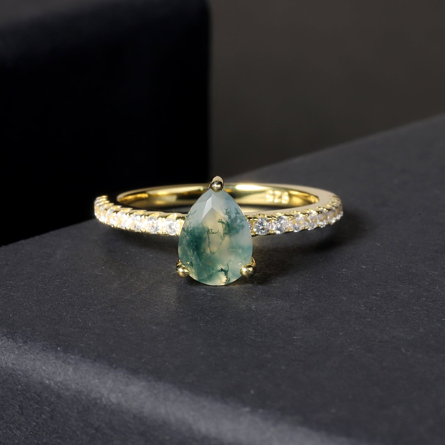 Unique Pear Cut Moss Agate Engagement Ring