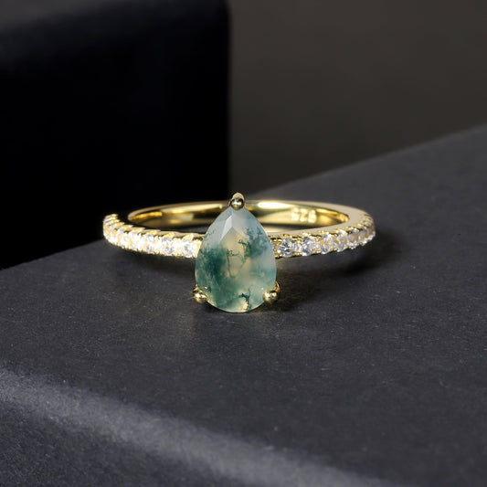 Unique Pear Cut Moss Agate Engagement Ring