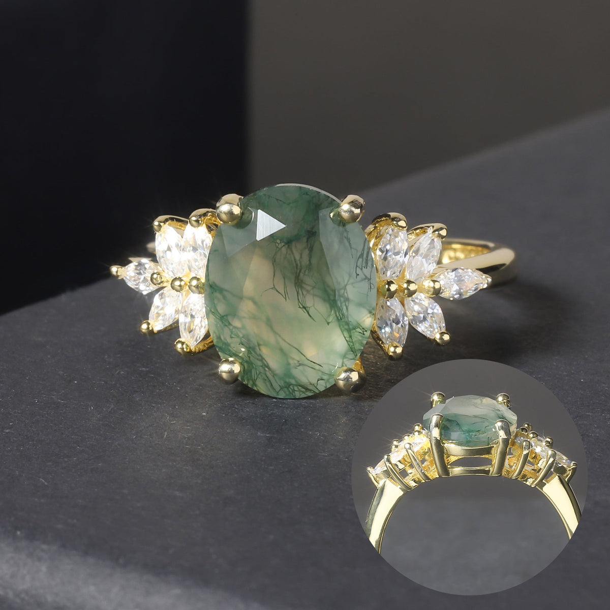 2ct Oval Cluster Moss Agate Engagement Ring