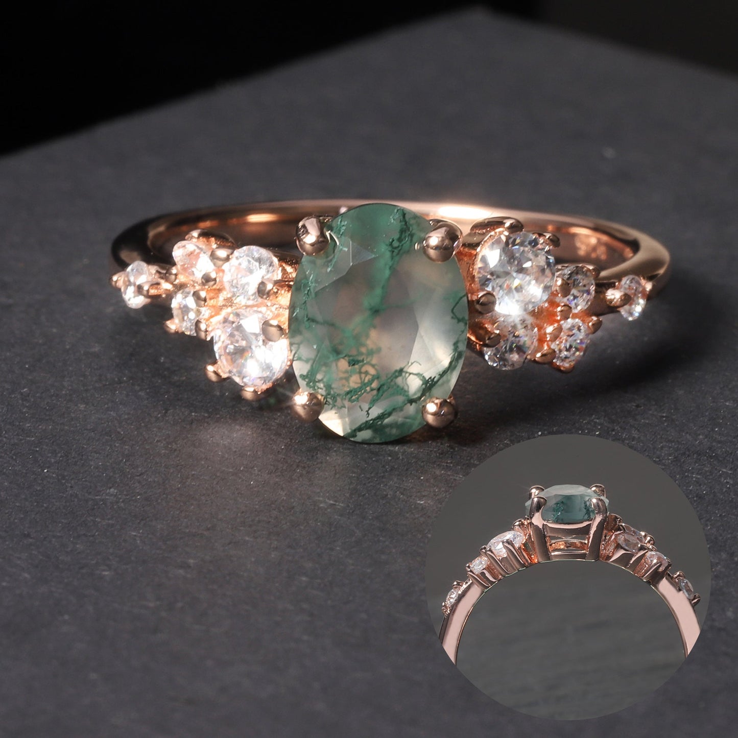 Oval Leafy Style Moss Agate Engagement Ring