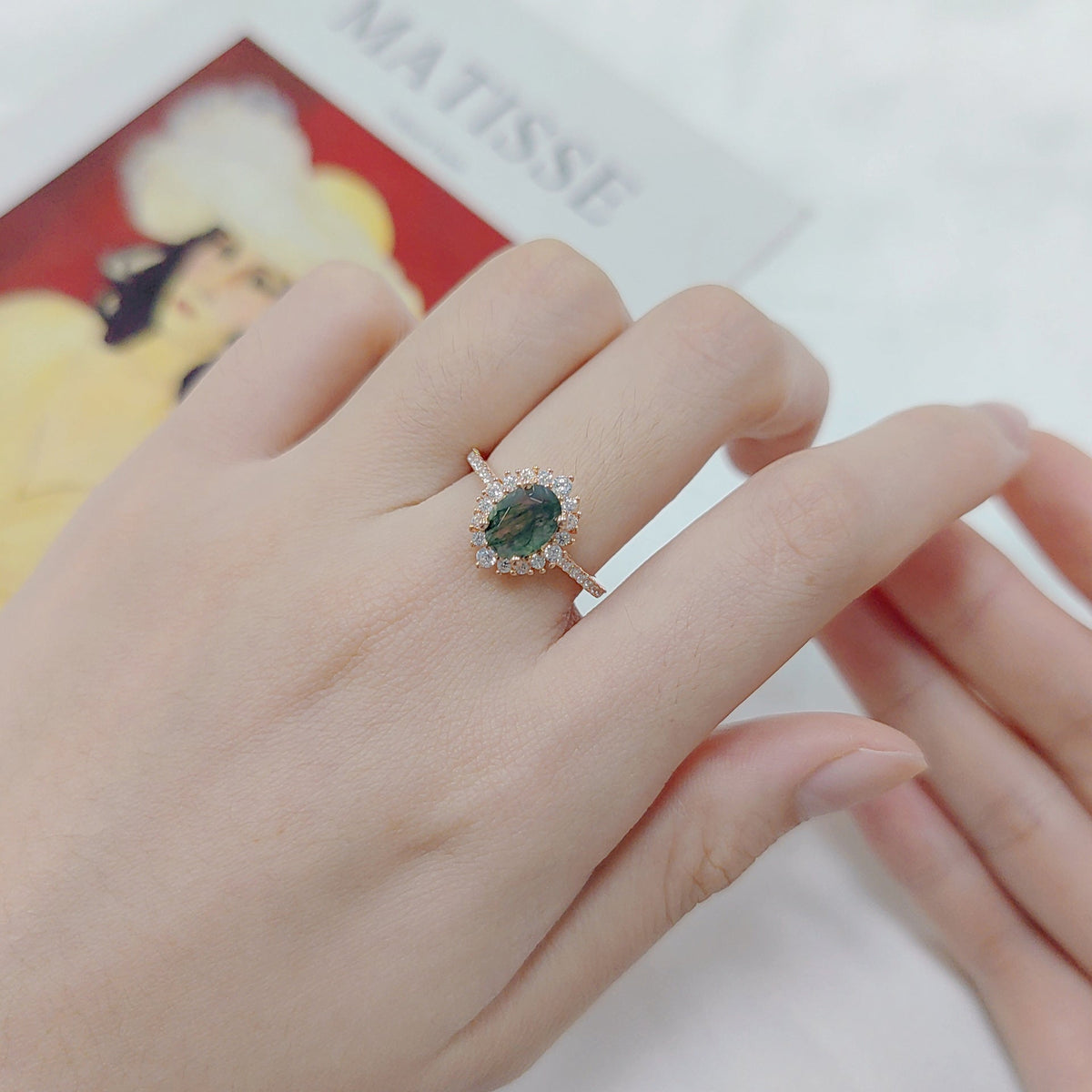 Oval Shaped Vintage Moss Agate Halo Engagement Ring