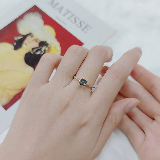 Princess Cut Moss Agate Vintage Engagement Ring