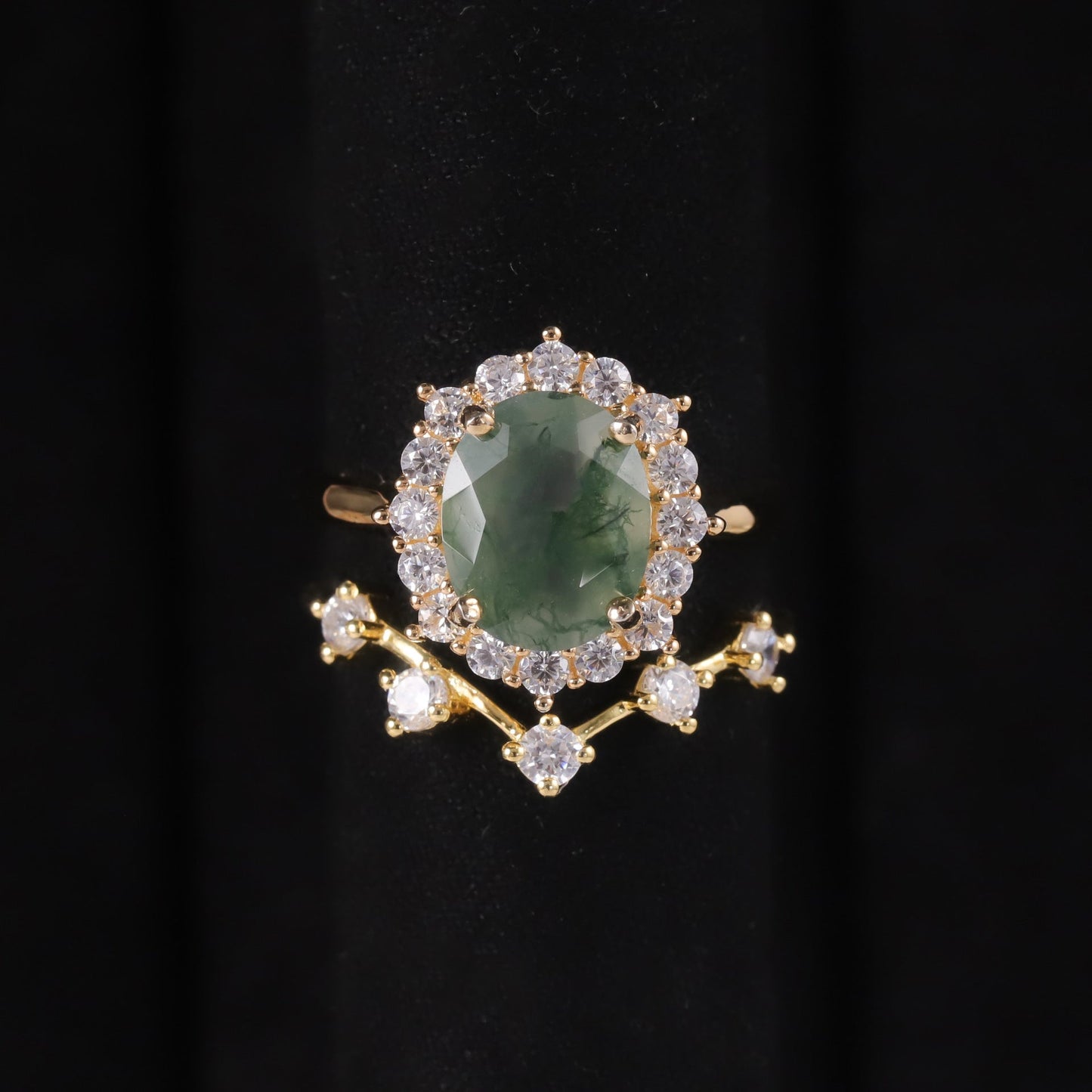 Halo Oval Cut Moss Agate Vintage Engagement Ring Set 2pcs