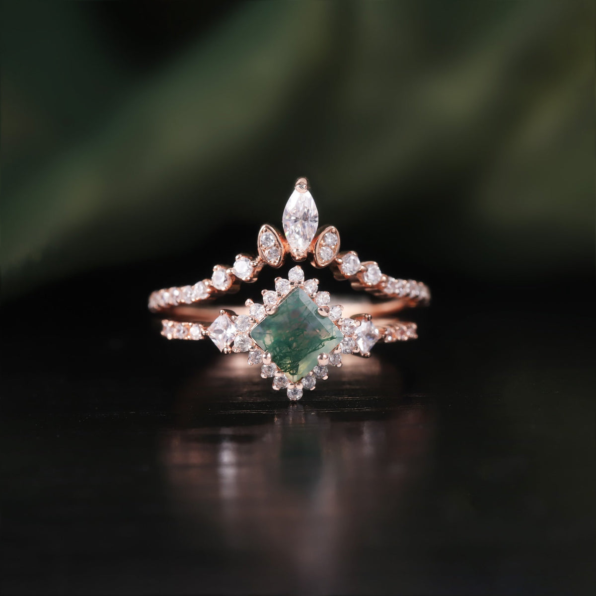 Elegant Halo Princess Cut Moss Agate Ring Set 2pcs