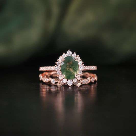 Halo Oval Moss Agate Vintage Engagement Ring Set 2pcs