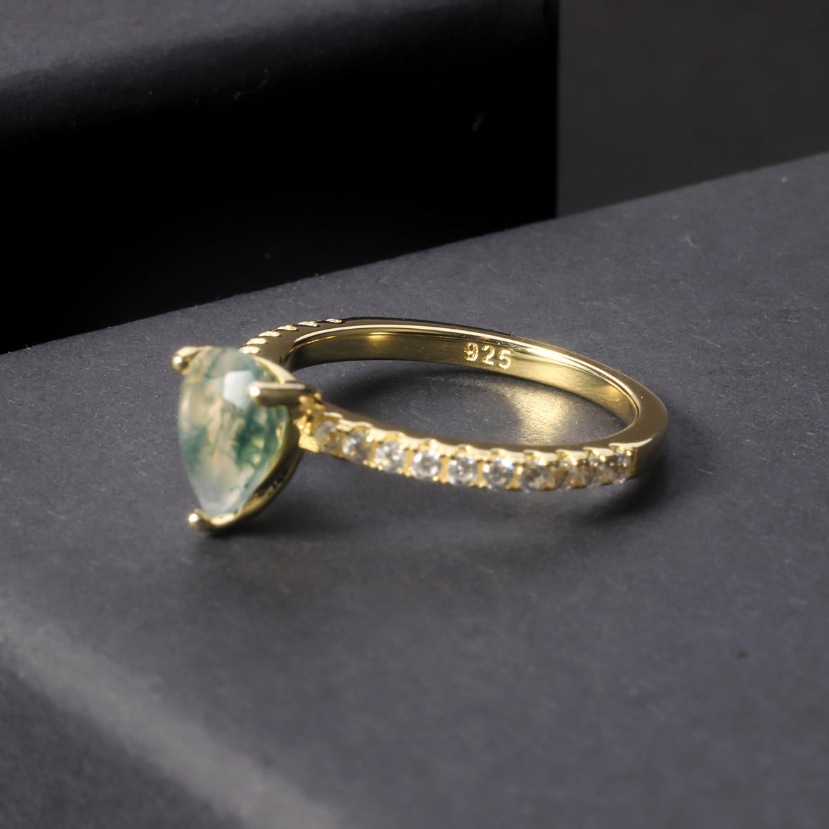 Unique Pear Cut Moss Agate Engagement Ring