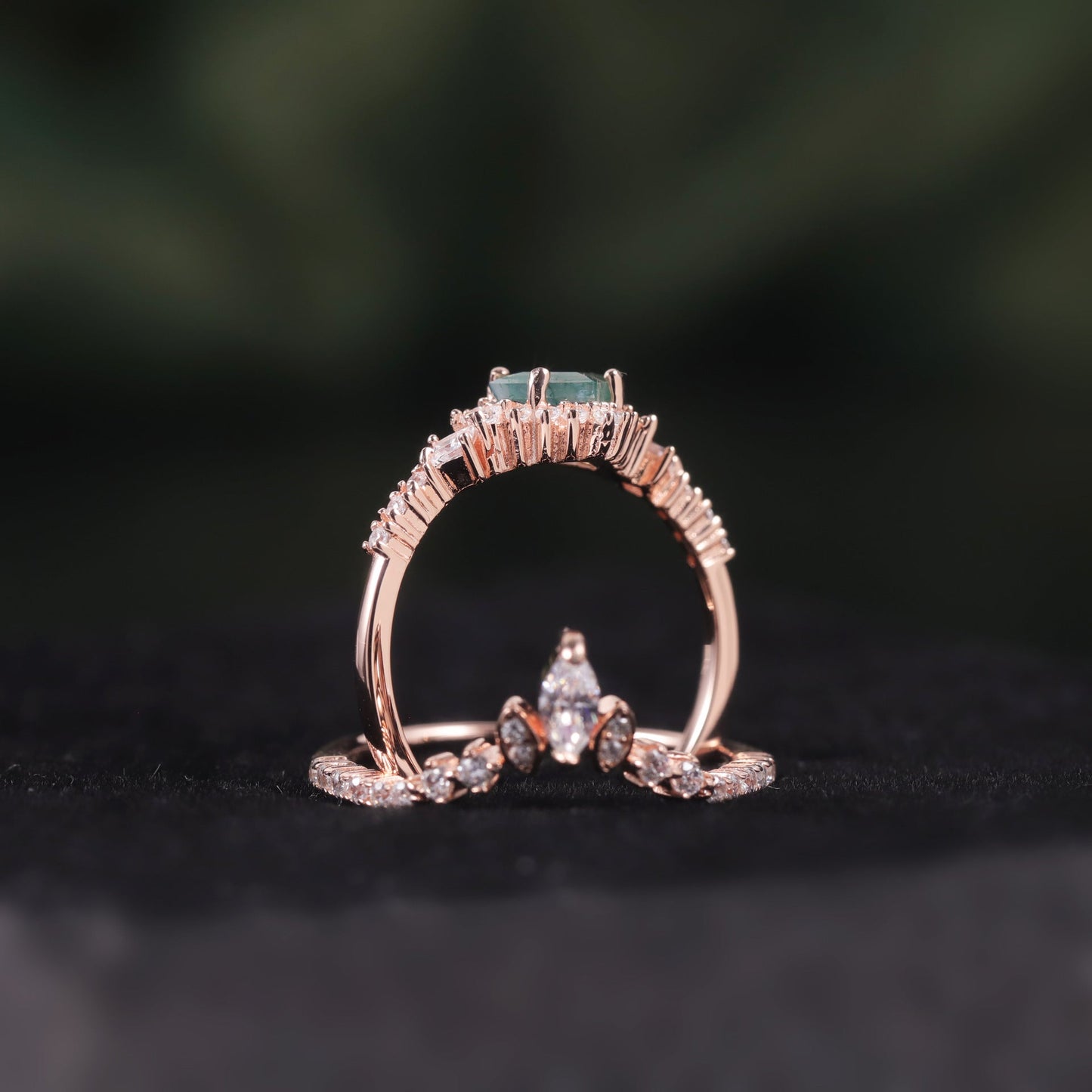 Elegant Halo Princess Cut Moss Agate Ring Set 2pcs