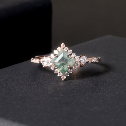 Princess Cut Vintage Moss Agate Halo Engagement Ring