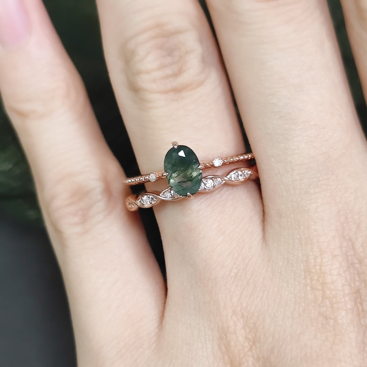 Oval Shaped Moss Agate Vintage Solitaire Ring