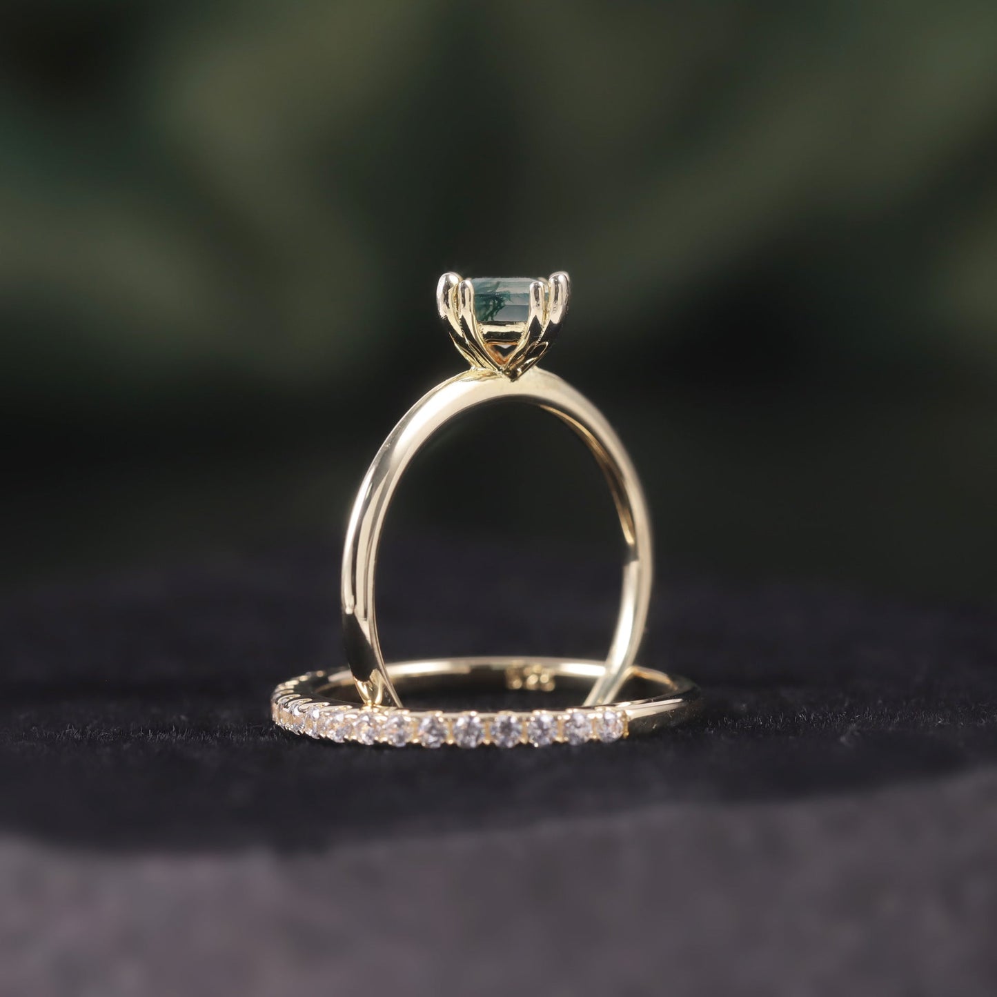 Princess Cut Moss Agate Unique Engagement Ring