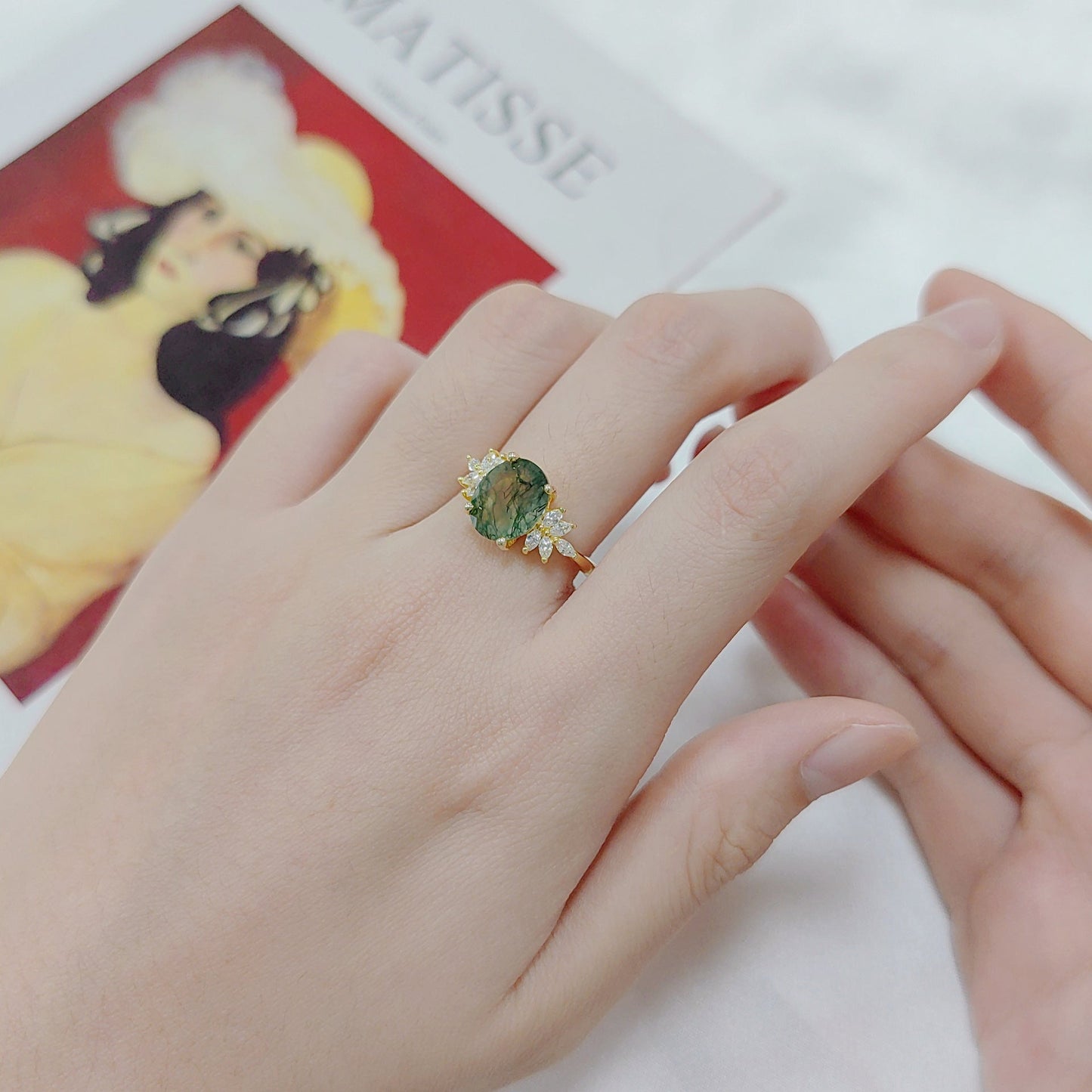 2ct Oval Cluster Moss Agate Engagement Ring
