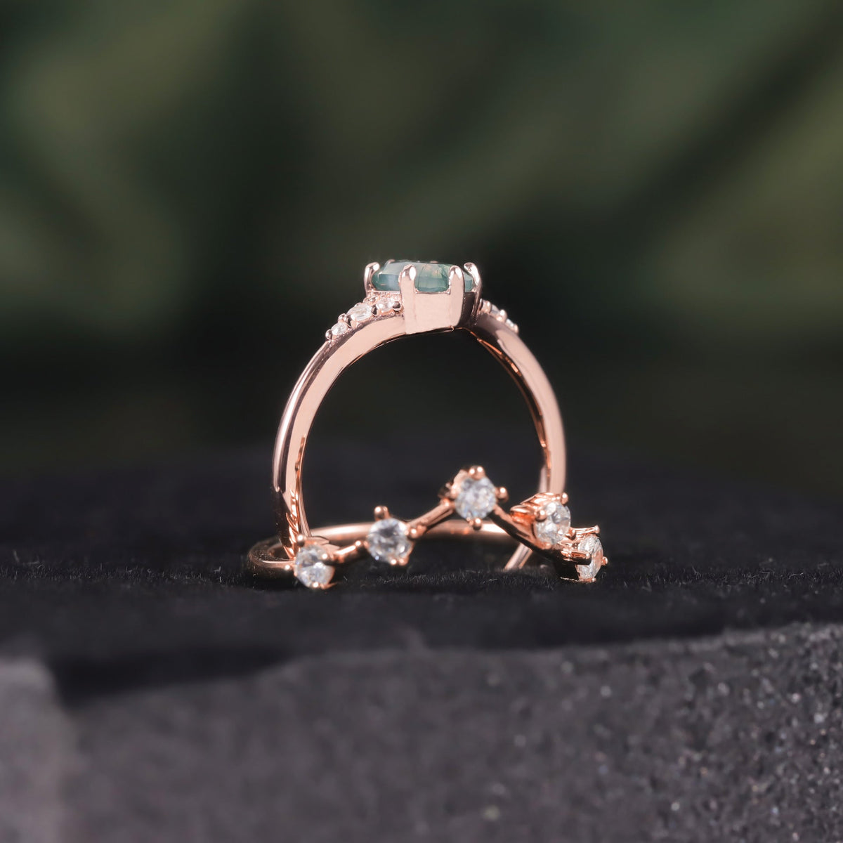 Oval Moss Agate Ring Set 2pcs