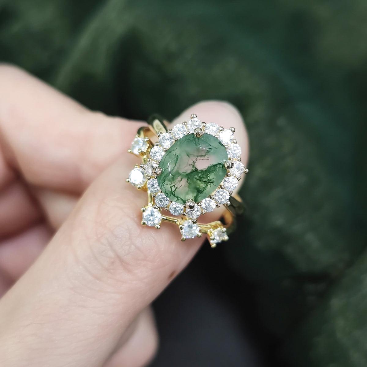 Halo Oval Cut Moss Agate Vintage Engagement Ring Set 2pcs