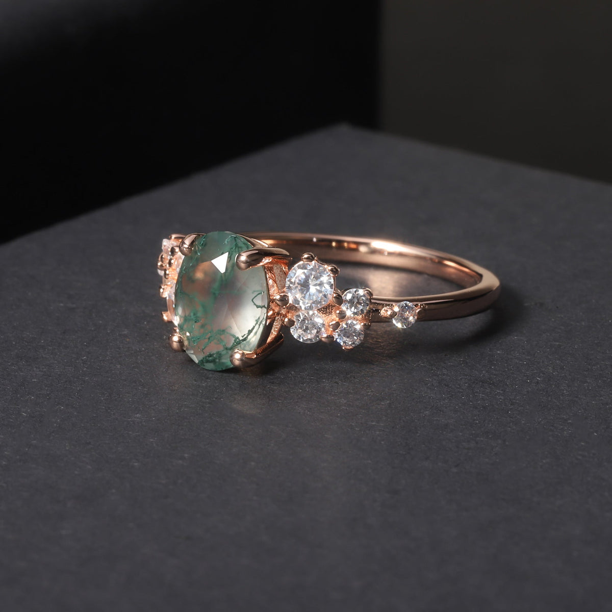 Oval Leafy Style Moss Agate Engagement Ring