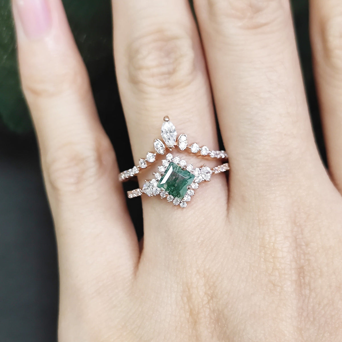 Elegant Halo Princess Cut Moss Agate Ring Set 2pcs