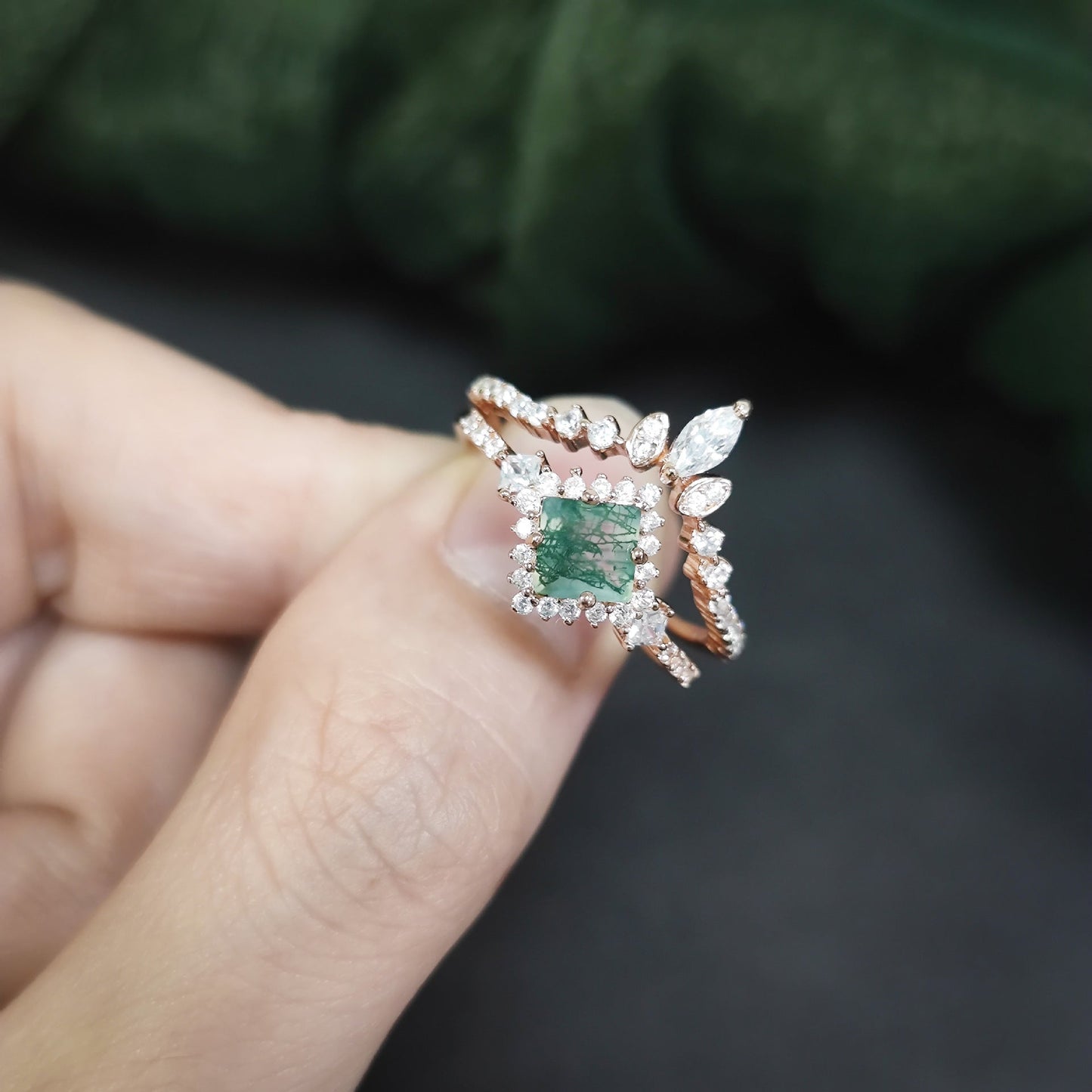 Elegant Halo Princess Cut Moss Agate Ring Set 2pcs