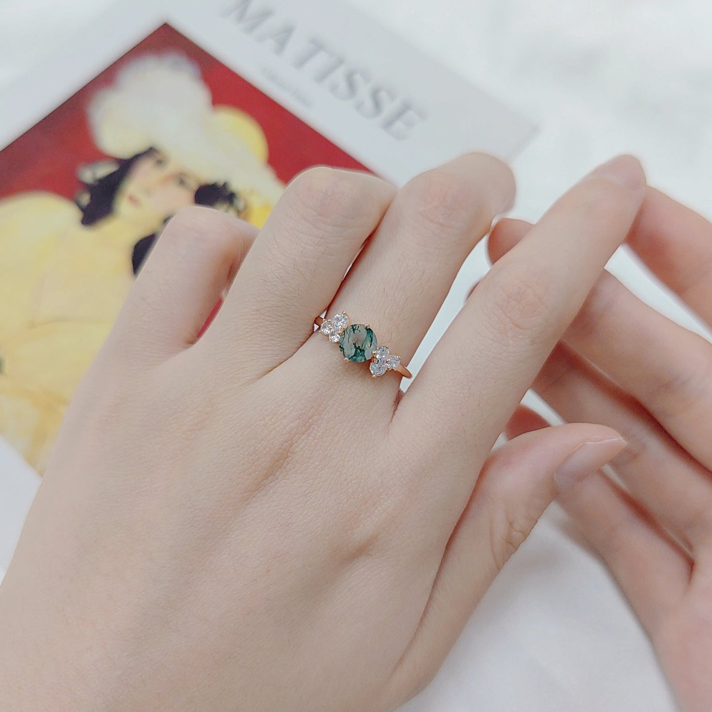 Round Unique Cluster Moss Agate Engagement Ring