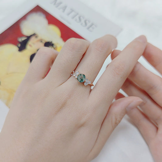 Round Unique Cluster Moss Agate Engagement Ring