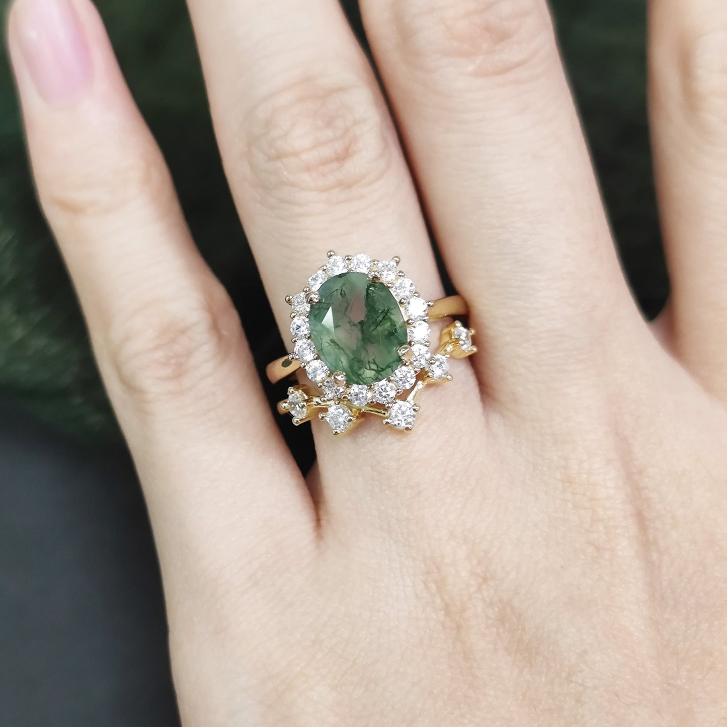 Halo Oval Cut Moss Agate Vintage Engagement Ring Set 2pcs
