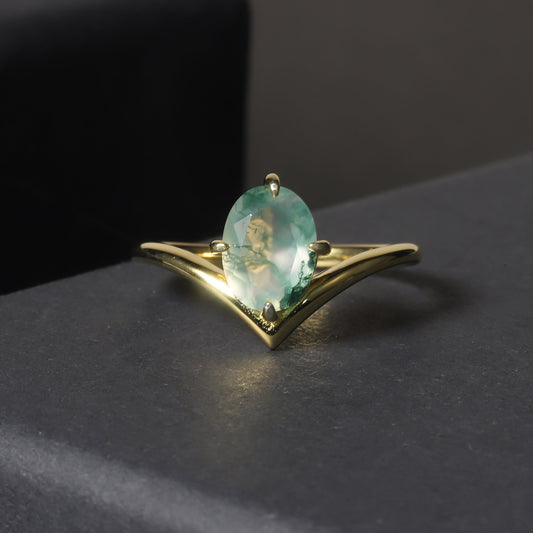 Unique Oval Moss Agate Stacking Engagement Ring