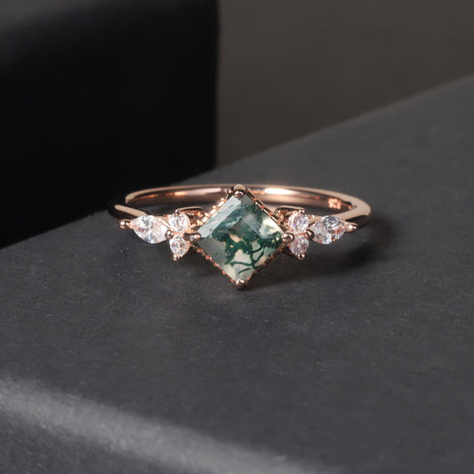 Princess Cut Vintage Moss Agate Cluster Engagement Ring