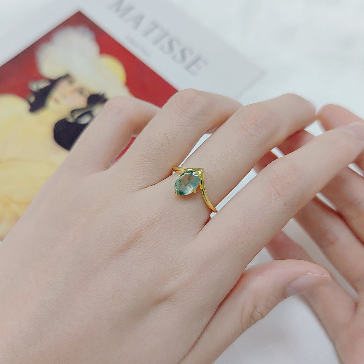 Unique Oval Moss Agate Stacking Engagement Ring