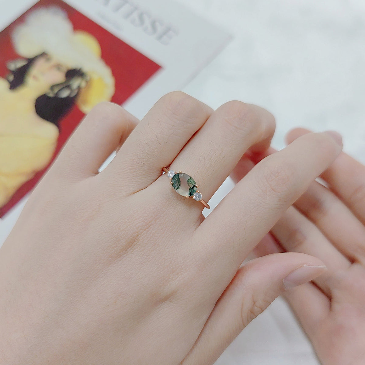 Oval Moss Agate Three Stones Engagement Ring