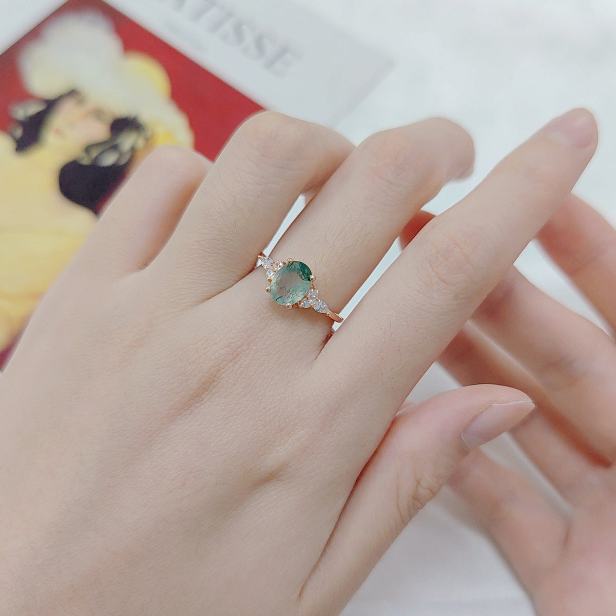 Oval Cut Vintage Cluster Moss Agate Engagement Ring