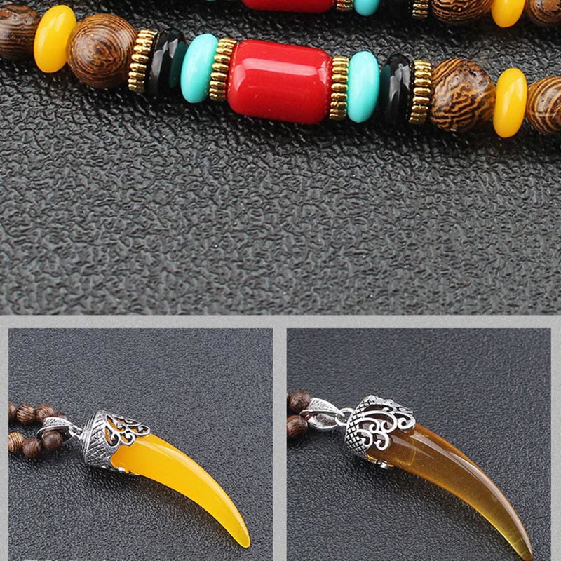 Fortune Jewel Wenge Wood Turquoise Stone Horn Style Protection Meditation Necklace Pendant