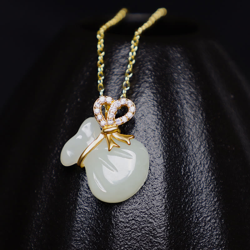 Fortune Jewel Natural Hetian White Jade Luck Money Bag Necklace Pendant