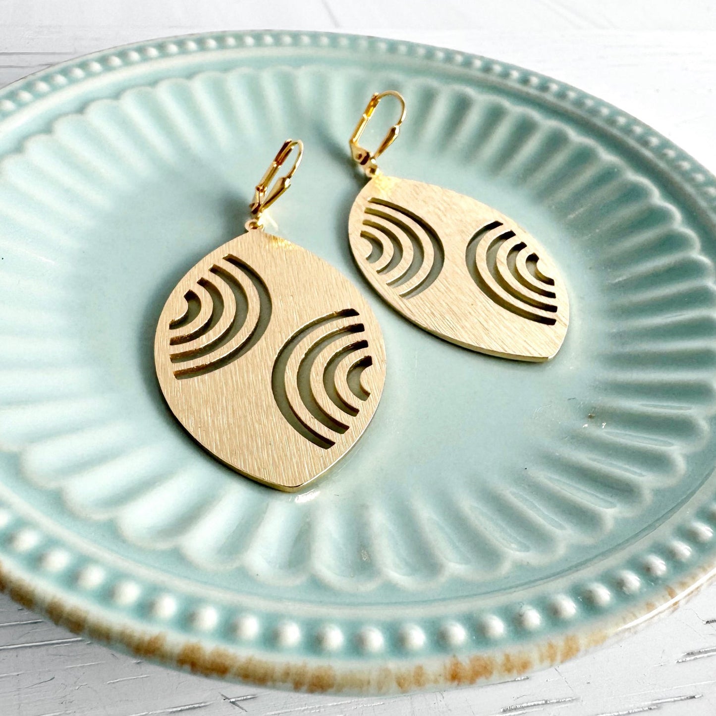 Rainbow Etched Marquise Earrings in Brushed Gold