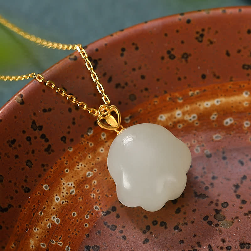 Fortune Jewel 925 Sterling Silver Hetian White Jade Cute Cat Paw Luck Necklace Pendant