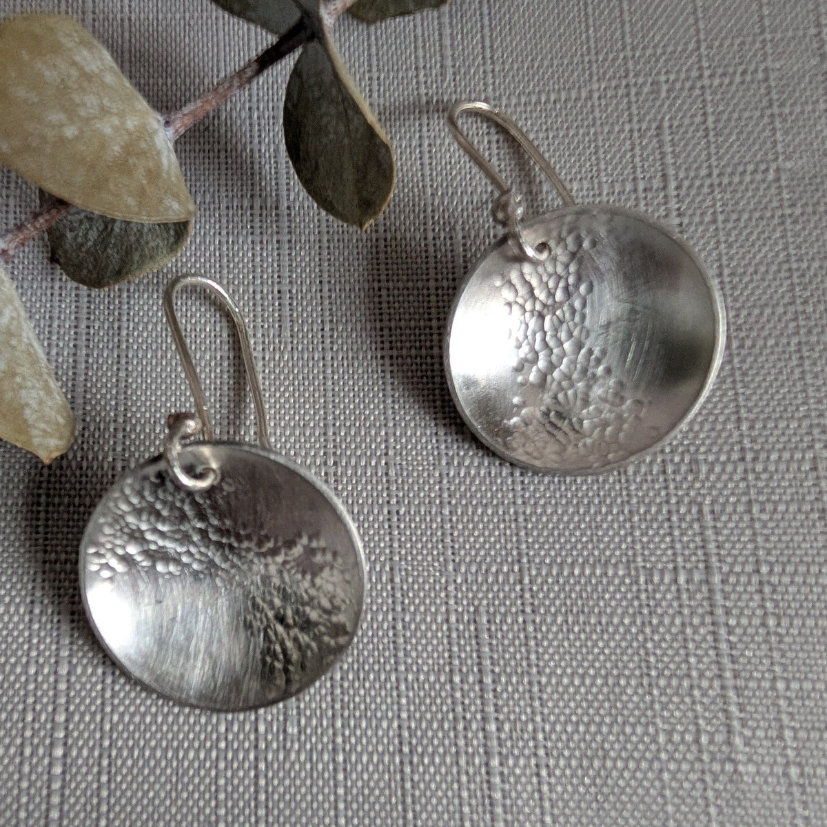 Eco Silver Hammered Dome Earrings | 18 mm Circle | Dangle and Drop Earrings | Recycled Sterling Silver