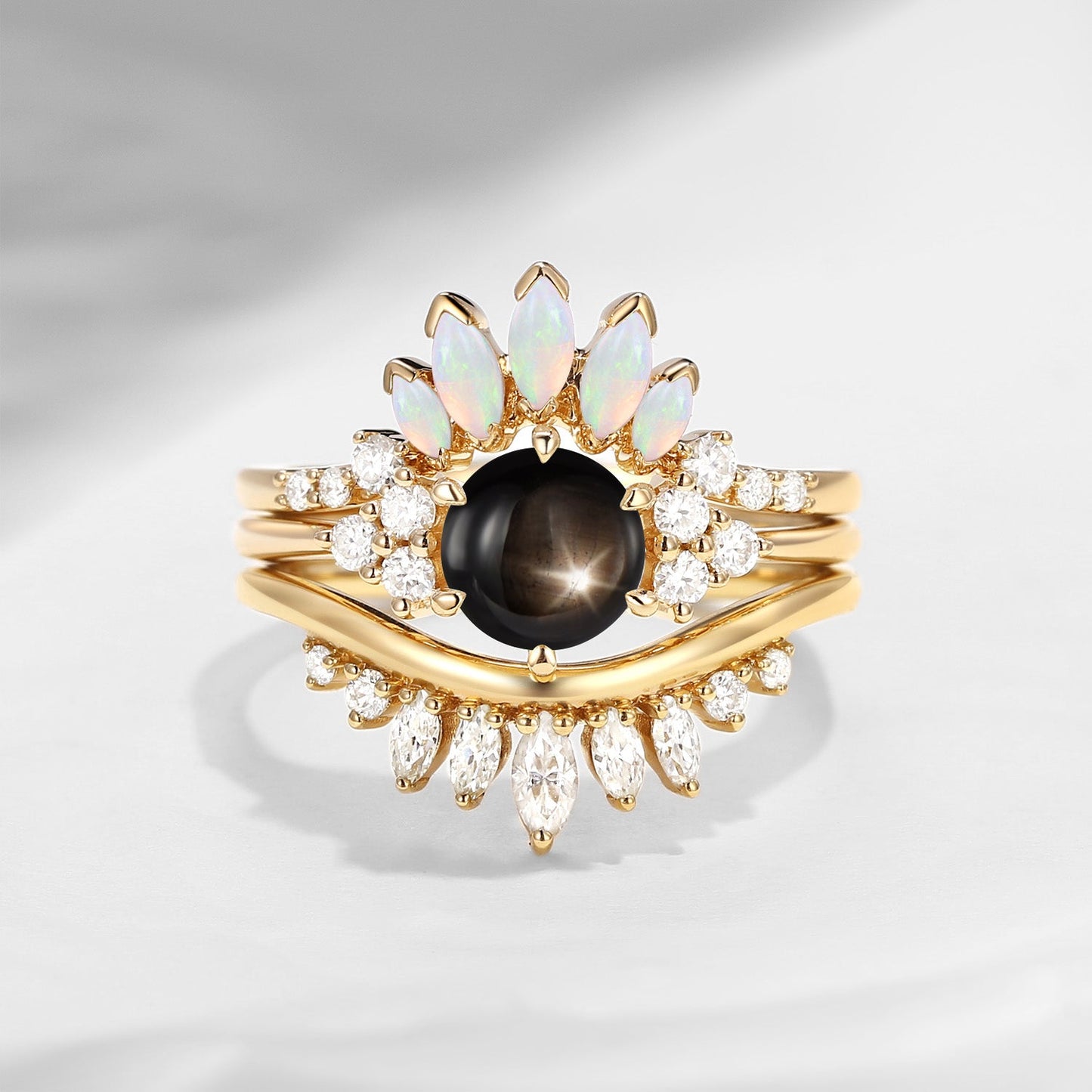 Bette‘s Eyes | Unique Round Cut Natural Black Star Sapphire Engagement Ring Set 3pcs