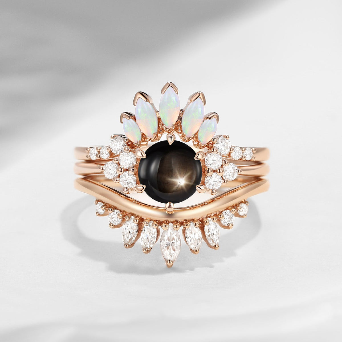Bette‘s Eyes | Unique Round Cut Natural Black Star Sapphire Engagement Ring Set 3pcs