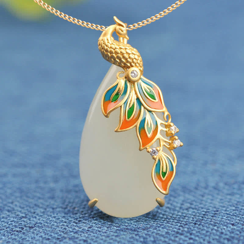 Fortune Jewel White Jade Peacock Protection Necklace Chain Pendant