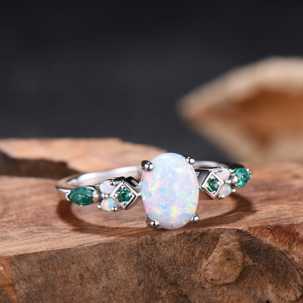 Vintage White Opal Engagement Ring Cluster Emerald Fire Opal Wedding Ring October Birthstone Bridal Ring Rose Gold Anniversary Ring Women