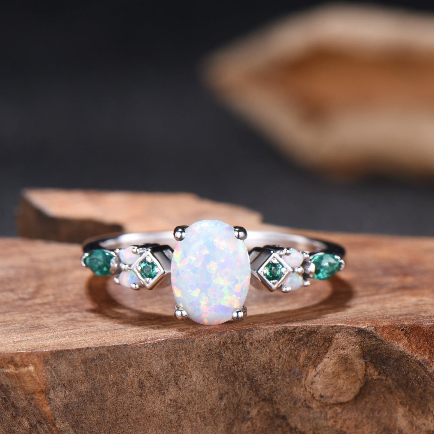 Vintage White Opal Engagement Ring Cluster Emerald Fire Opal Wedding Ring October Birthstone Bridal Ring Rose Gold Anniversary Ring Women