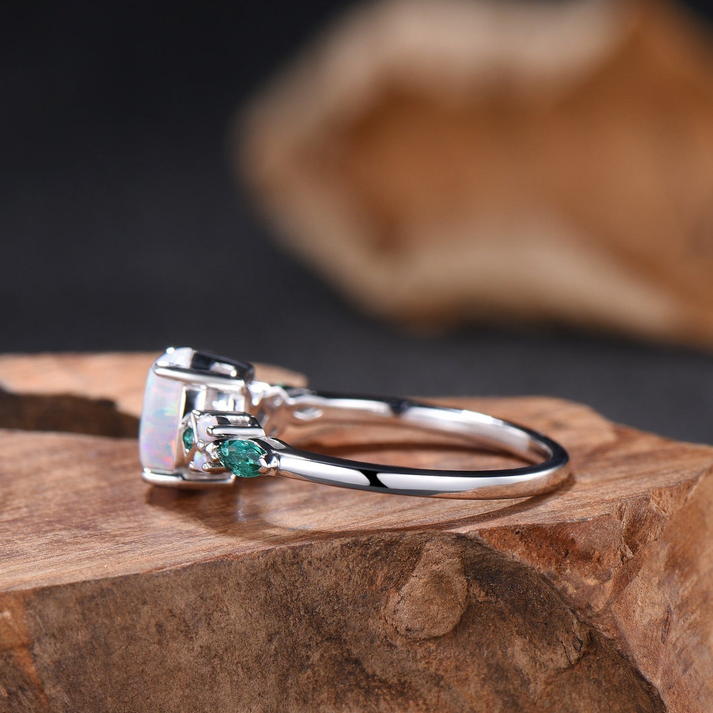 Vintage White Opal Engagement Ring Cluster Emerald Fire Opal Wedding Ring October Birthstone Bridal Ring Rose Gold Anniversary Ring Women