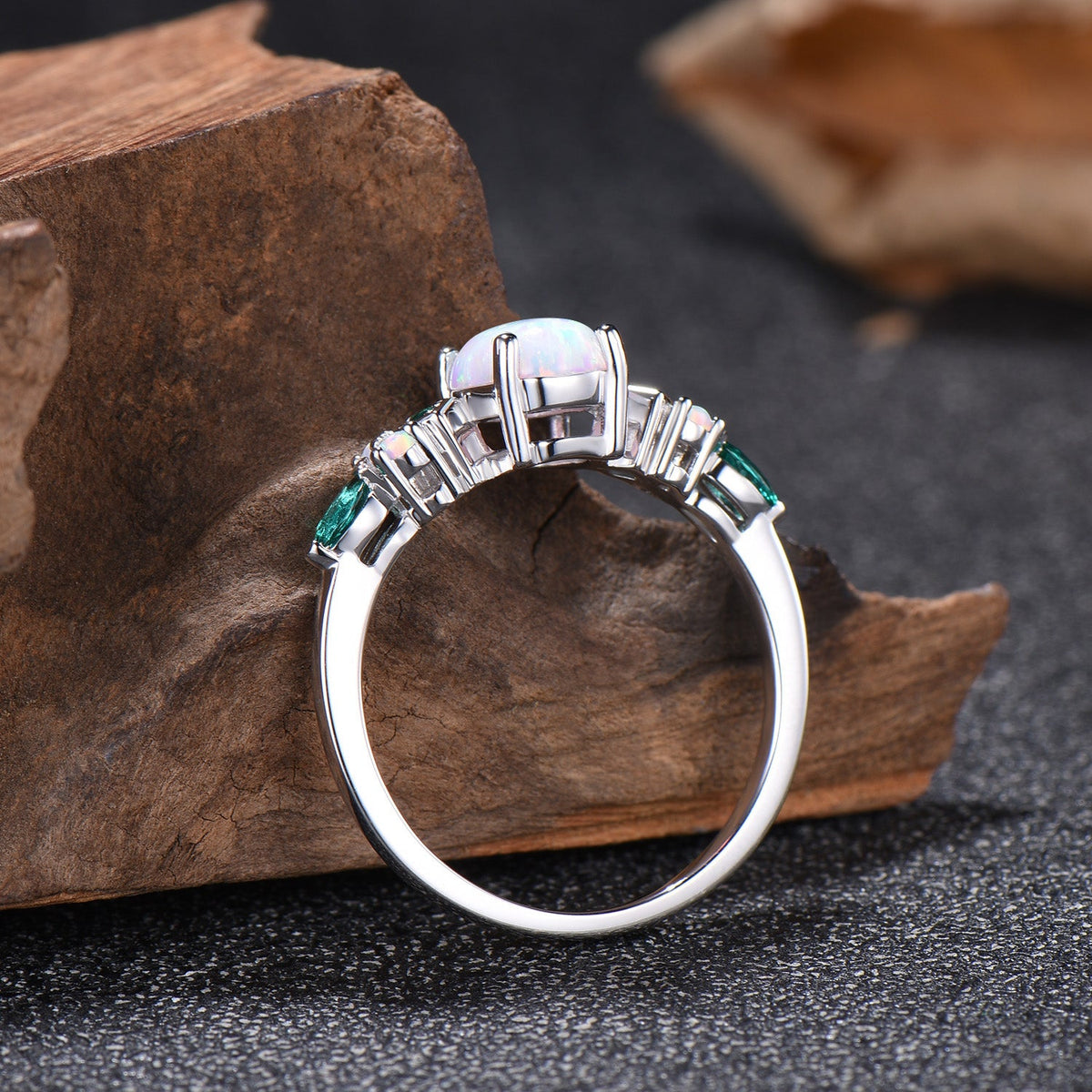 Vintage White Opal Engagement Ring Cluster Emerald Fire Opal Wedding Ring October Birthstone Bridal Ring Rose Gold Anniversary Ring Women