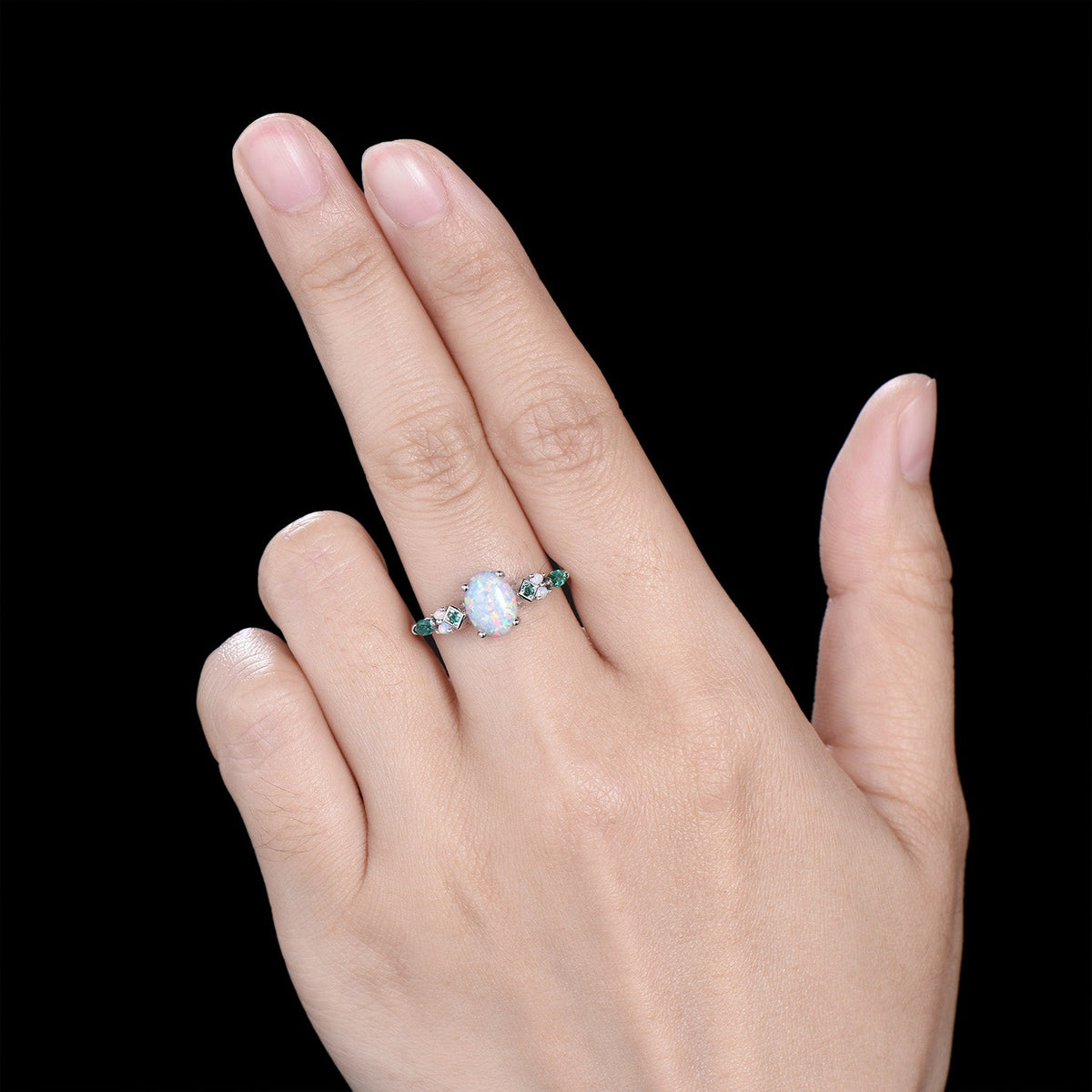 Vintage White Opal Engagement Ring Cluster Emerald Fire Opal Wedding Ring October Birthstone Bridal Ring Rose Gold Anniversary Ring Women