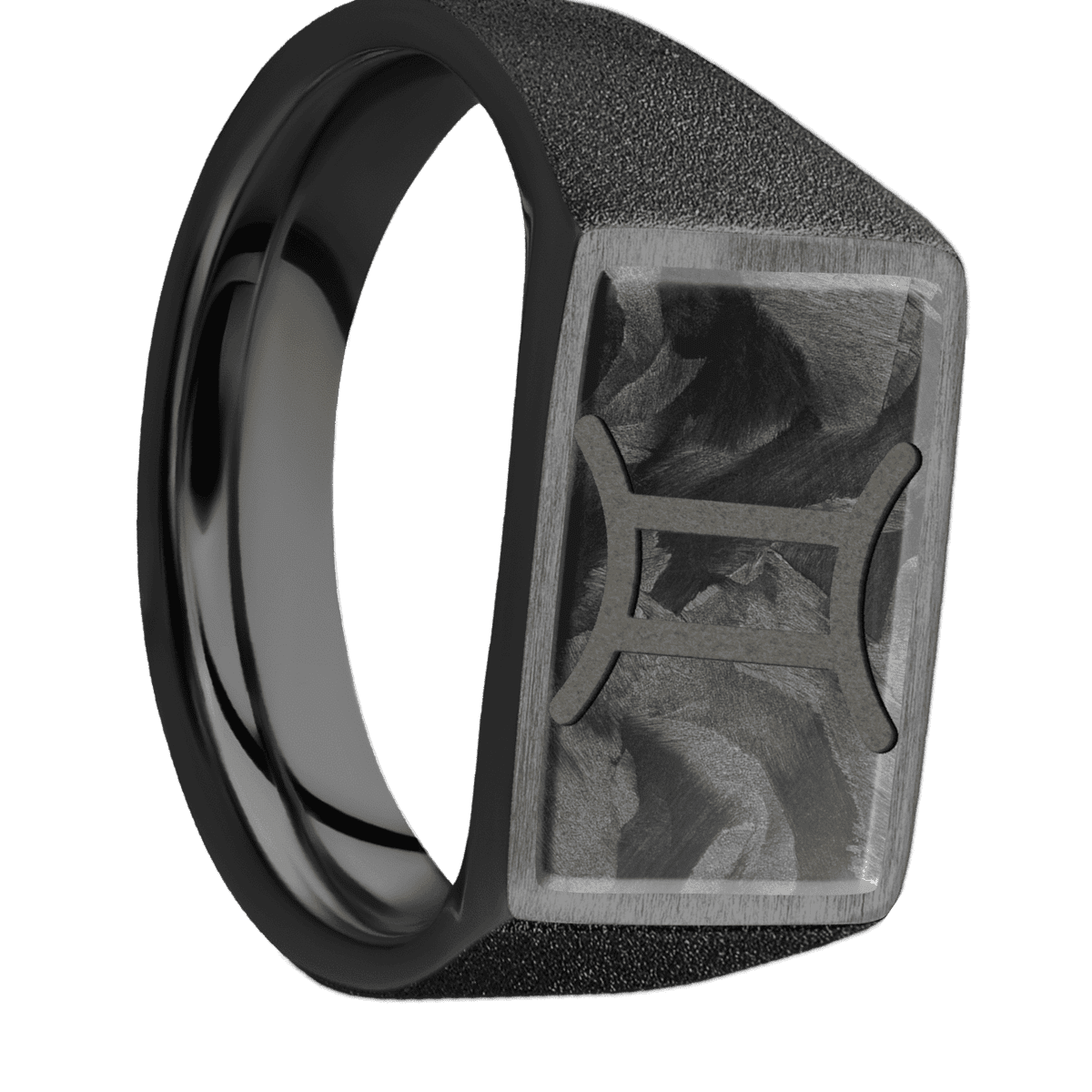 Medium Horizontal Rectangle signet ring (16x11.5mm) in Zirconium, with a Wide style band, a Forged Carbon Fiber inlay and a GEMINI engraving.