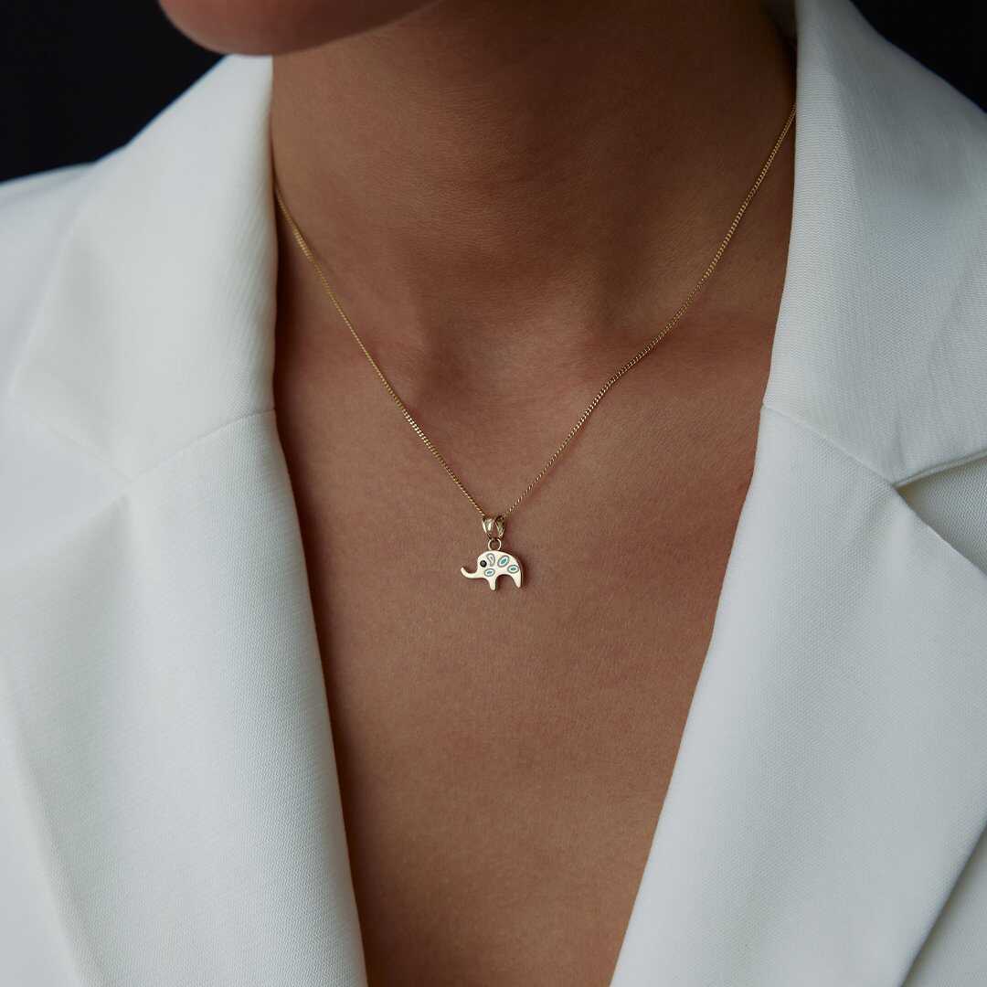 14k Gold Elephant Necklace with Evil Eye
