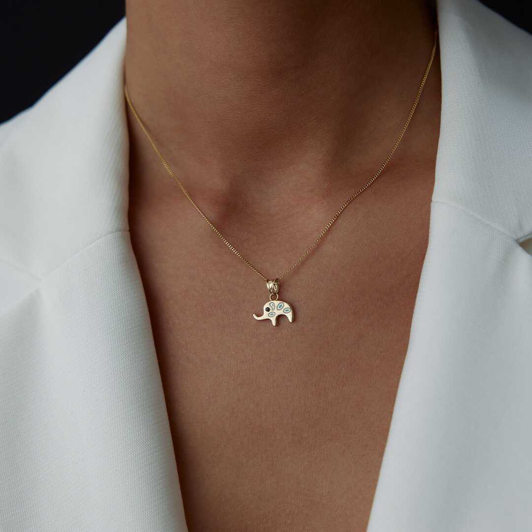 14k Gold Elephant Necklace with Evil Eye