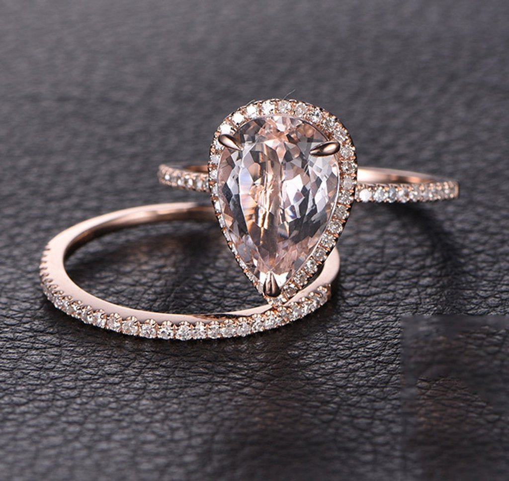 For Deann-3.5ct Elongated Pear Morganite Diamond Halo Bridal Set 14K Rose Gold